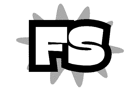 Dithered image of the Floppy-Socks logo: the letters FS in heavy outlined capitals over a spiky burst.