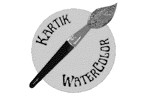 Dithered image of the Kartik Watercolor logo: the name lettered around a paintbrush inside a circle.