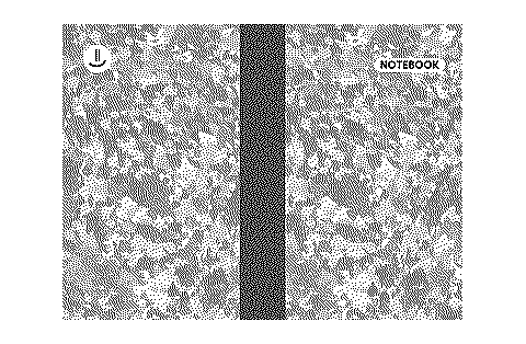 Dithered image of a notebook's wrap-around cover: a camouflage pattern across the back and front, a plain spine, a smile logo on the back and a NOTEBOOK label on the front.