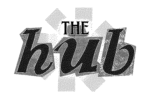 Dithered image of The Hub logo: large cut-out lowercase letters spelling hub, with THE above, over a burst of bars.